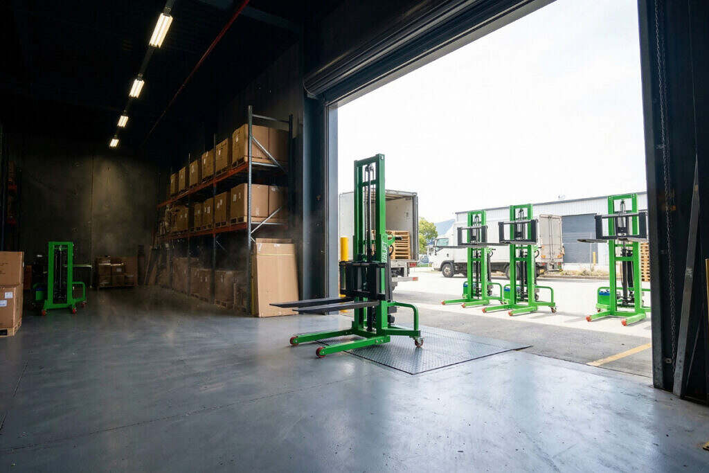 yüksek mastlı mini forklift depo içinde